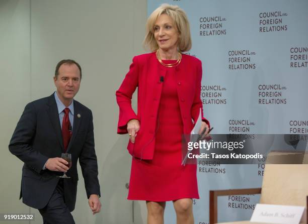 House Intelligence Ranking Member Adam Schiff arrives at the Council On Foreign Relations with Andrea Mitchell, Chief Foreign Affairs Correspondent...