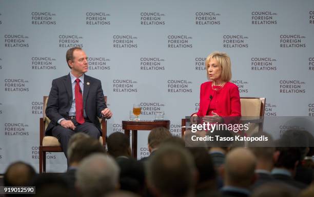 House Intelligence Ranking Member Adam Schiff speaks at the Council On Foreign Relations with Andrea Mitchell, Chief Foreign Affairs Correspondent at...