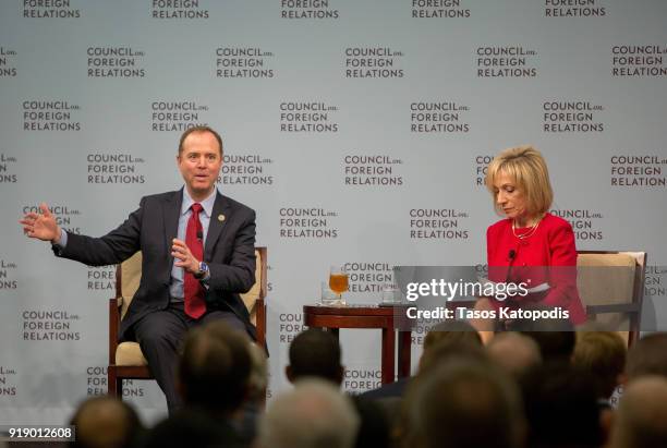 House Intelligence Ranking Member Adam Schiff speaks at the Council On Foreign Relations with Andrea Mitchell, Chief Foreign Affairs Correspondent at...