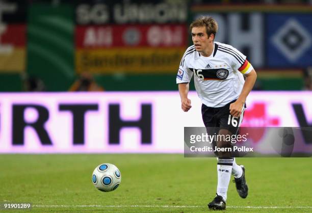 Philipp Lahm of Germany plays the ball during the FIFA 2010 World Cup Group 4 Qualifier match between Germany and Finland at the HSH Nordbank Arena...