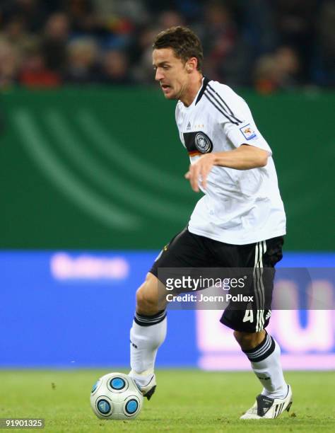 Christian Gentner of Germany plays the ball during the FIFA 2010 World Cup Group 4 Qualifier match between Germany and Finland at the HSH Nordbank...