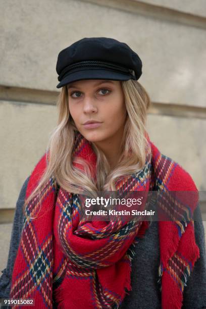 Model wears a chequered scarf day 1 of Paris Womens Fashion Week Spring/Summer 2018, on September 26, 2017 in London, England.