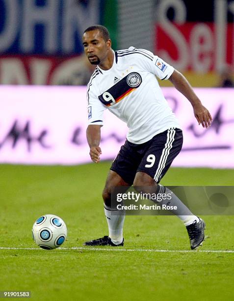 Cacau of Germany runs with the ball during the FIFA 2010 World Cup Group 4 Qualifier match between Germany and Finland at the Hamburg Arena on...