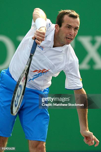 Radek Stepanek of the Czech Republic serves to Stanilas Wawrinka of Switzerland during day five of the 2009 Shanghai ATP Masters 1000 at Qi Zhong...