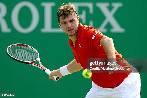 Stanilas Wawrinka of Switzerland returns a shot to Radek Stepanek of the Czech Republic during day five of the 2009 Shanghai ATP Masters 1000 at Qi...