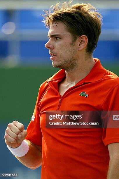 Stanilas Wawrinka of Switzerland celebrates a point against Radek Stepanek of the Czech Republic during day five of the 2009 Shanghai ATP Masters...