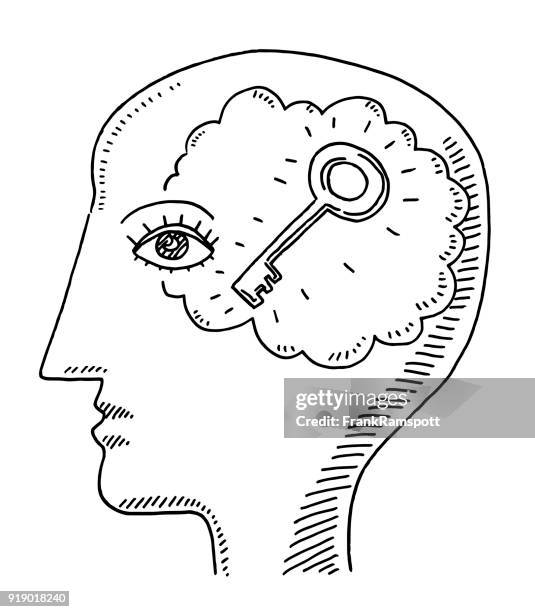 human head side view mind key drawing - eye reflection stock illustrations
