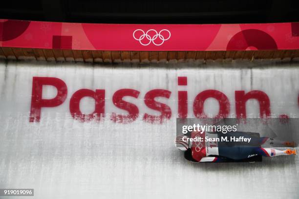 Katie Uhlaender of the United States slides during the Women's Skeleton heats at Olympic Sliding Centre on February 16, 2018 in Pyeongchang-gun,...