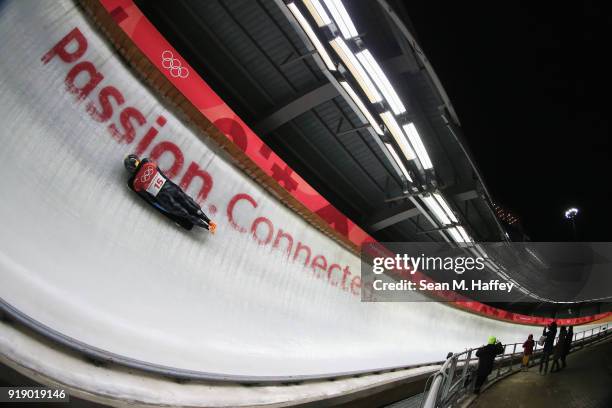 Katie Uhlaender of the United States slides during the Women's Skeleton heats at Olympic Sliding Centre on February 16, 2018 in Pyeongchang-gun,...