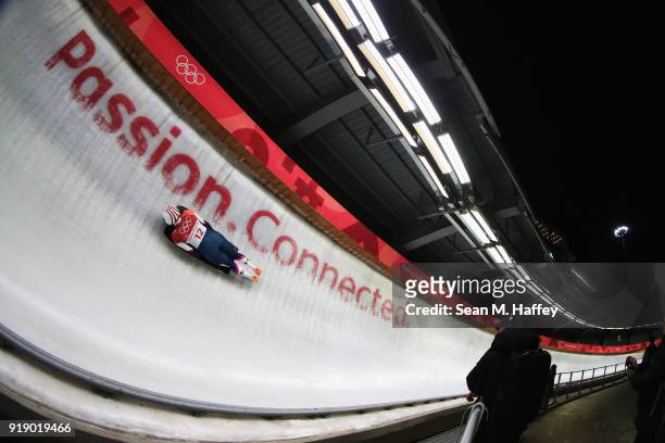 Katie Uhlaender of the United States slides during the Women's Skeleton heats at Olympic Sliding Centre on February 16, 2018 in Pyeongchang-gun,...