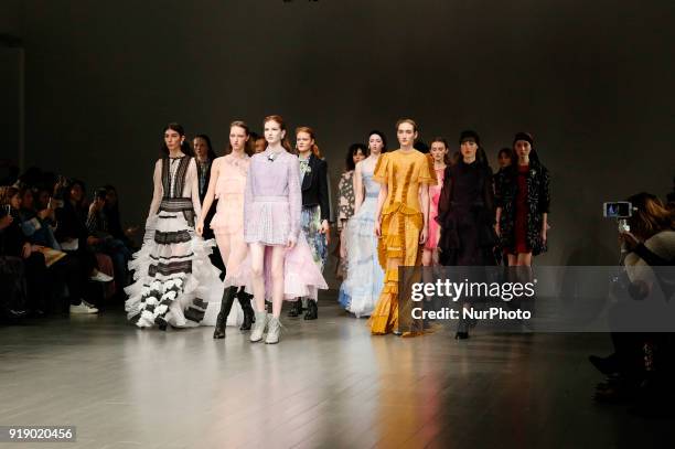 Models are presenting a new Autumn/Winter 2018 collection of Bora Aksu during London Fashion Weak in the Store Studios showspace in London on the...