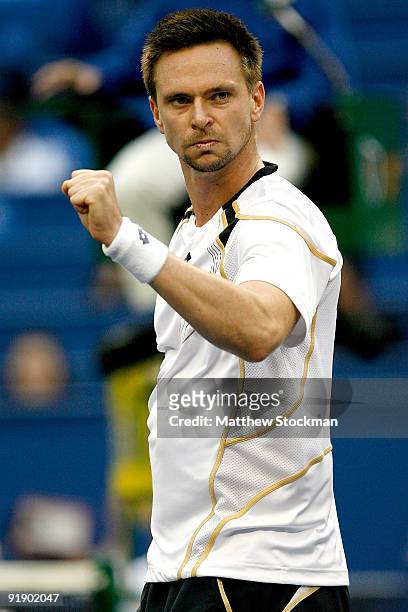 Robin Soderling of Sweden celebrates match point against J0-Wilfried Tsonga of France during day five of the 2009 Shanghai ATP Masters 1000 at Qi...