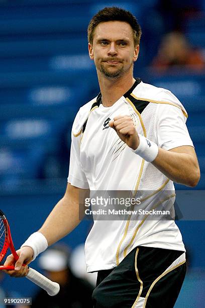 Robin Soderling of Sweden celebrates a point against J0-Wilfried Tsonga of France during day five of the 2009 Shanghai ATP Masters 1000 at Qi Zhong...