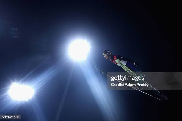 Andreas Wellinger of Germany competes during the Ski Jumping Men's Large Hill Individual Qualification at Alpensia Ski Jumping Center on February 16,...