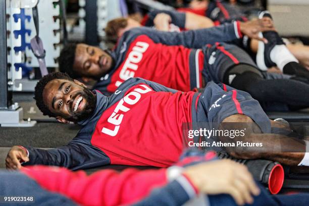 Nathan Dyer and team mates exercise in the gym during the Swansea City Training at The Fairwood Training Ground on February 15, 2018 in Swansea,...