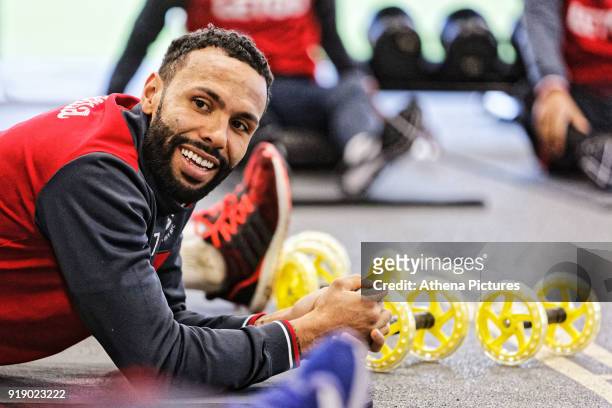Kyle Bartley exercises in the gym during the Swansea City Training at The Fairwood Training Ground on February 15, 2018 in Swansea, Wales.