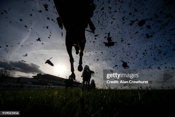 General view as birch is spread as the runners clear a fence ithat Sandown Park racecourse on February 16, 2018 in Esher, United Kingdom.