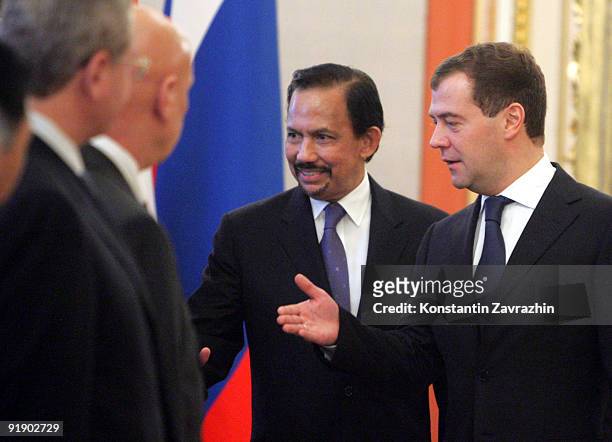 Russian President Dmitry Medvedev and the Sultan of Brunei, Hassanal Bolkiah are seen during a Russan-Brunei meeting at the Grand Kremlin Palace on...