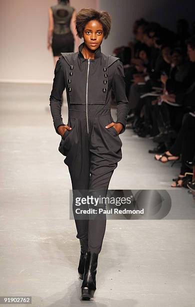 Model wears Skingraft during the Downtown LA Fashion Week Spring 2010 Louver Runway show at The Geffen Contemporary at MOCA on October 13, 2009 in...
