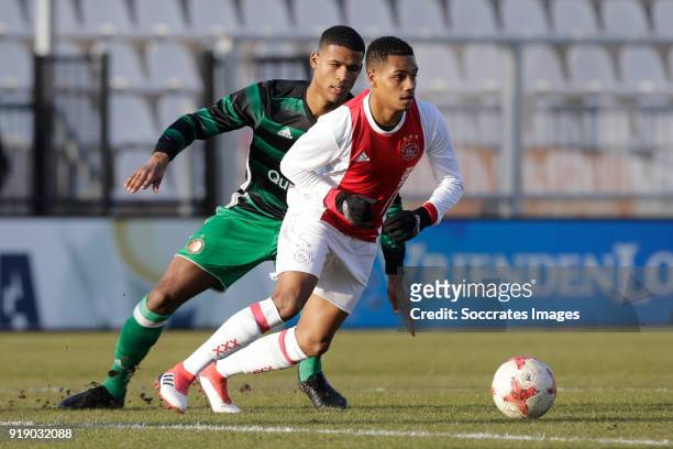 Noah Lewis of Feyenoord U19, Danilo Pereira da Silva of Ajax U19 during the match between Ajax U19 v Feyenoord U19 at the De Toekomst on February 16,...