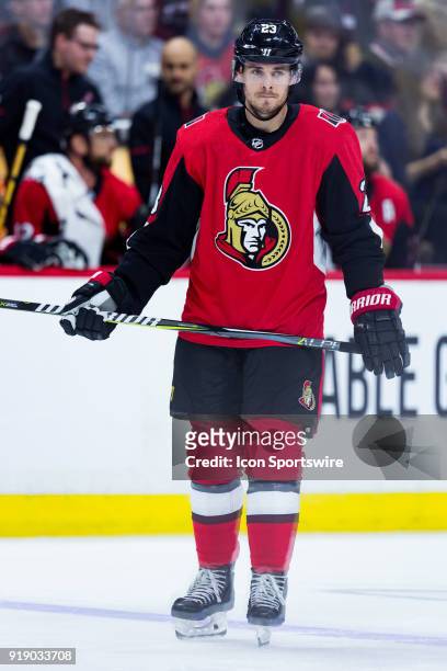Ottawa Senators Center Nick Shore waits for play to resume during first period National Hockey League action between the Buffalo Sabres and Ottawa...