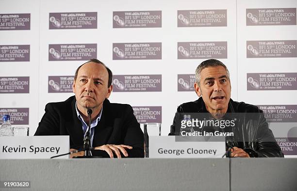 George Clooney and Kevin Spacey attend 'The Men Who Stare At Goats' press conference during the Times BFI 53rd London Film Festival at the Vue West...