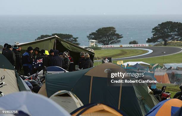 Moto GP fans gather on the circuit campgrounds prior to the Australian Moto GP which is round 15 of the Moto GP World Championship at Phillip Island...