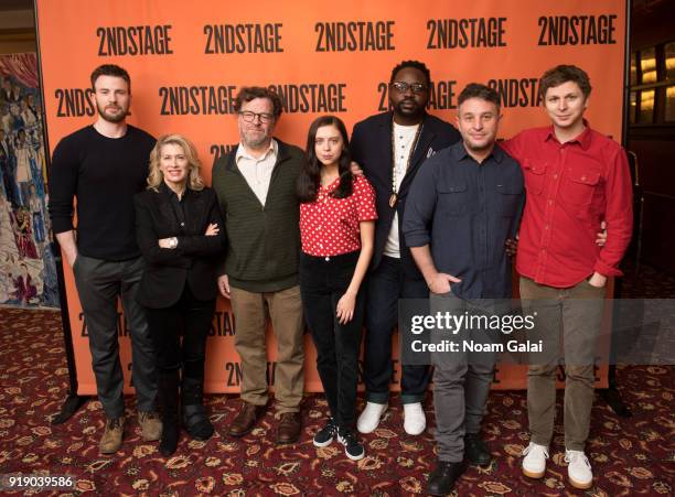 Chris Evans, Carole Rothman, Kenneth Lonergan, Bel Powley, Brian Tyree Henry, Trip Cullman and Michael Cera attends the "Lobby Hero" cast meet and...