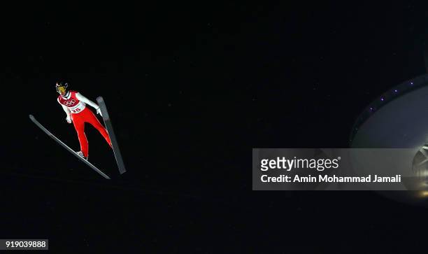 Mackenzie Boyd-Clowes of Canada competes during the Ski Jumping Men's Large Hill Individual Qualification at Alpensia Ski Jumping Center on February...