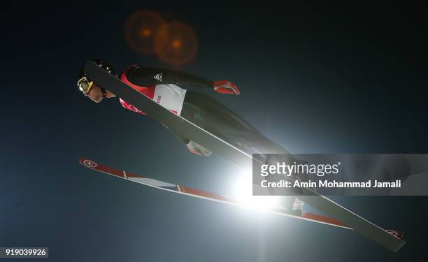 Daniel Andre Tande of Norway makes a trial jump during the Ski Jumping Men's Large Hill Individual Qualification at Alpensia Ski Jumping Center on...