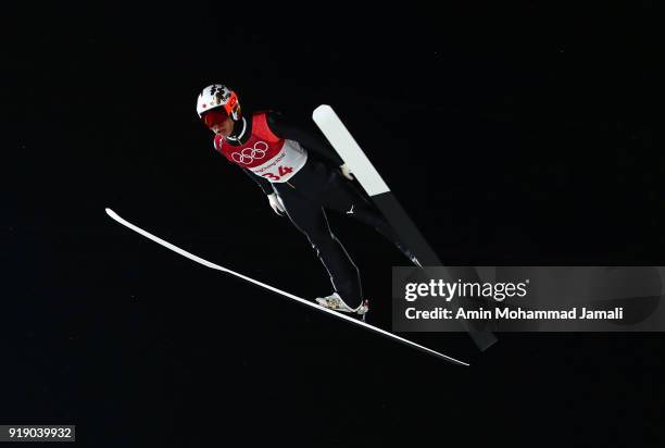 Taku Takeuchi of Japan competes during the Ski Jumping Men's Large Hill Individual Qualification at Alpensia Ski Jumping Center on February 16, 2018...