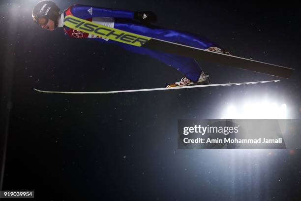 Richard Freitag of Germany competes during the Ski Jumping Men's Large Hill Individual Qualification at Alpensia Ski Jumping Center on February 16,...