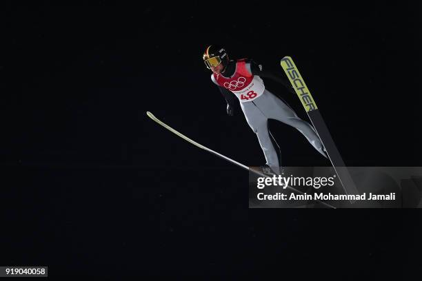 Markus Eisenbichler of Germany competes during the Ski Jumping Men's Large Hill Individual Qualification at Alpensia Ski Jumping Center on February...