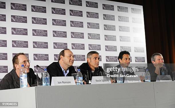 Author Jon Ronson, Kevin Spacey, George Clooney, Director Grant Heslov and Quentin Falk attend 'The Men Who Stare At Goats' press conference during...