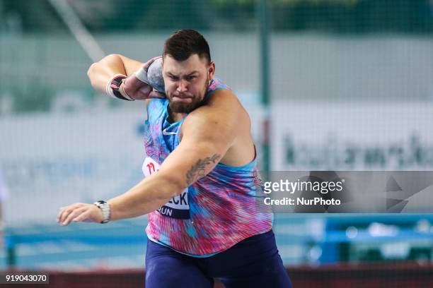 Konrad Bukowiecki of Poland competes in the Mens Shot Put during Copernicus CUP, IAAF World Indoor Tour at Torun, Poland, on 15 February, 2018.