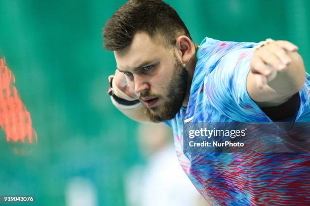 Konrad Bukowiecki of Poland competes in the Mens Shot Put during Copernicus CUP, IAAF World Indoor Tour at Torun, Poland, on 15 February, 2018.