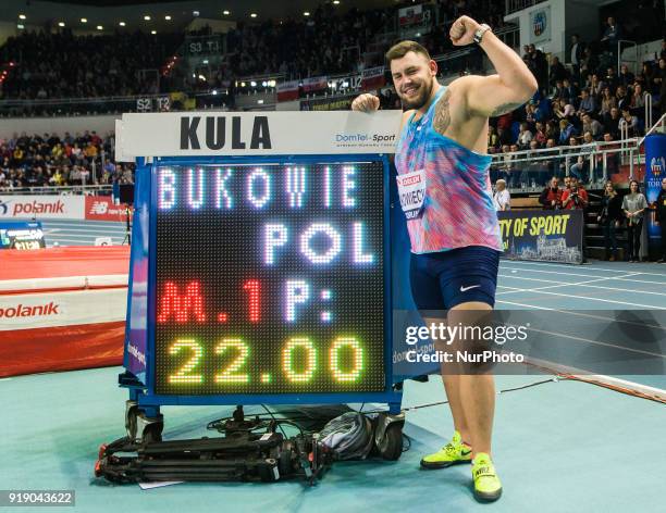 Bukowiecki competes in the Mens Shot Put during Copernicus CUP, IAAF World Indoor Tour at Torun, Poland, on 15 February, 2018.