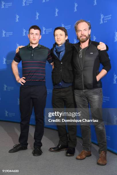 James Frecheville, Lance Daly and Hugo Weaving pose at the 'Black 47' photo call during the 68th Berlinale International Film Festival Berlin at...