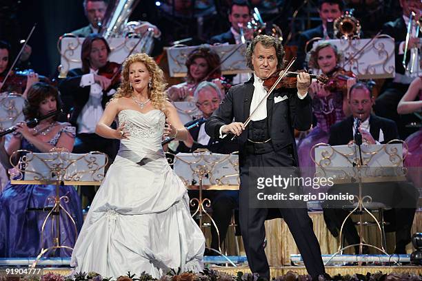 Australian singer Mirusia and musician Andre Rieu perform on stage at Acer Arena on October 15, 2009 in Sydney, Australia.