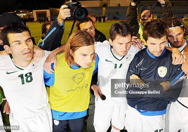 The players of Slovenia after the match waiting the end of the match between Polonia and Slovacchia the FIFA 2010 World Cup Group 3 Qualifying match...