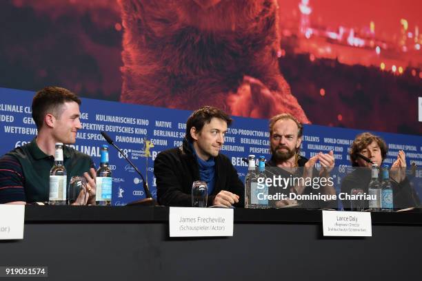 James Frecheville, Lance Daly, Hugo Weaving and Stephen Rea are seen at the 'Black 47' press conference during the 68th Berlinale International Film...