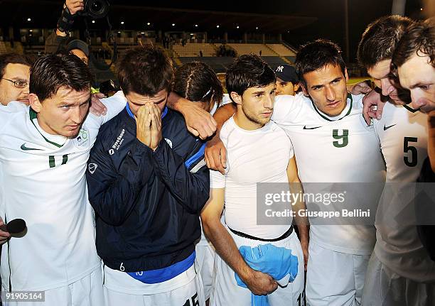 The players of Slovenia after the match waiting the end of the match between Polonia and Slovacchia the FIFA 2010 World Cup Group 3 Qualifying match...