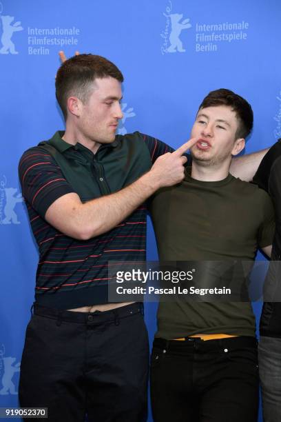 James Frecheville and Barry Keoghan pose at the 'Black 47' photo call during the 68th Berlinale International Film Festival Berlin at Grand Hyatt...