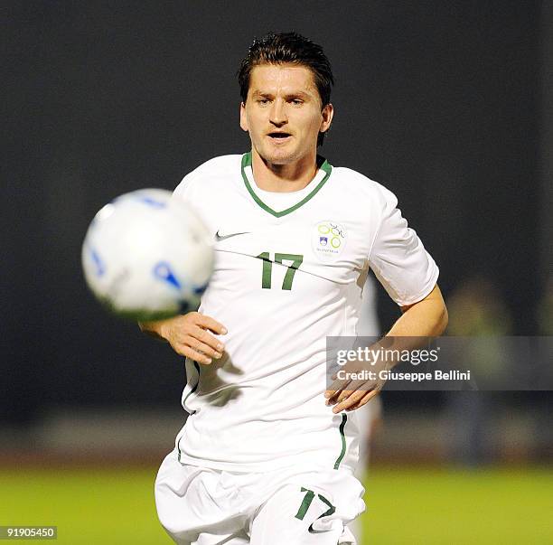 Andraz Kirm of Slovenia in action during the FIFA 2010 World Cup Group 3 Qualifying match between San Marino and Slovenia at Stadio Olimpico on...