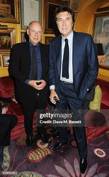 Brian Eno and Bryan Ferry attend the Brioni fragrance launch dinner hosted by Andrea Perrone and Bryan Ferry, at Annabel's Restaurant on October 14,...