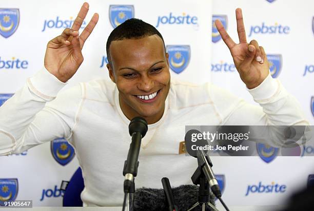 Younes Kaboul reacts during a Portsmouth press conference at their Eastleigh training ground on October 15, 2009 in Eastleigh, England.
