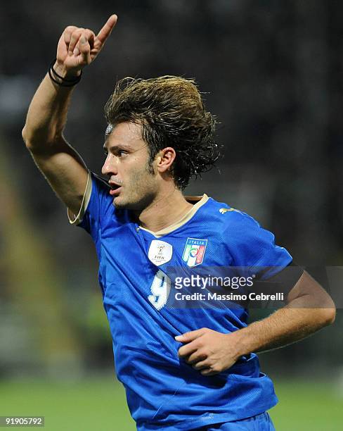 Alberto Gilardino of Italy celebrates scoring his first goal during the FIFA 2010 World Cup European Qualifying match between Italy and Cyprus at...