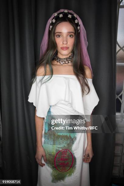 Model backstage ahead of the Mimi Wade presentation during London Fashion Week February 2018 at One Star Hotel on February 16, 2018 in London,...