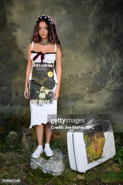 Model showcases designs at the Mimi Wade presentation during London Fashion Week February 2018 at One Star Hotel on February 16, 2018 in London,...