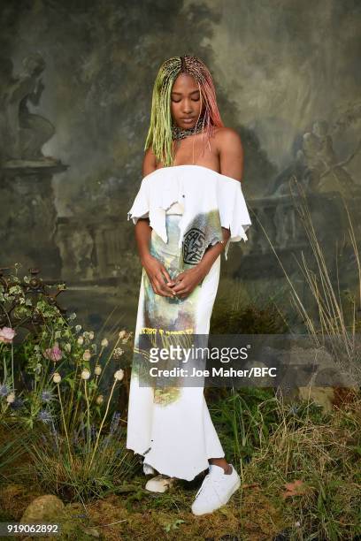 Model showcases designs at the Mimi Wade presentation during London Fashion Week February 2018 at One Star Hotel on February 16, 2018 in London,...
